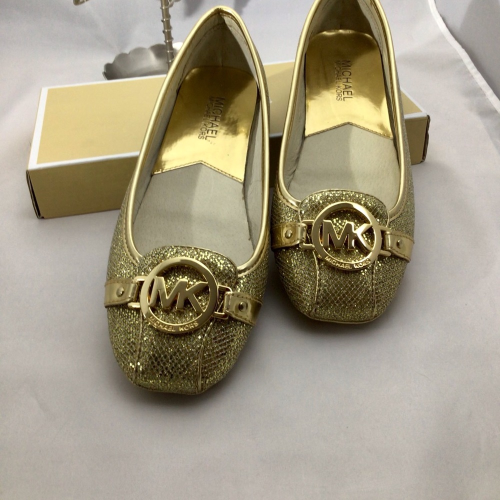 Micheal Kors gold glitter Fultron moccasin in box